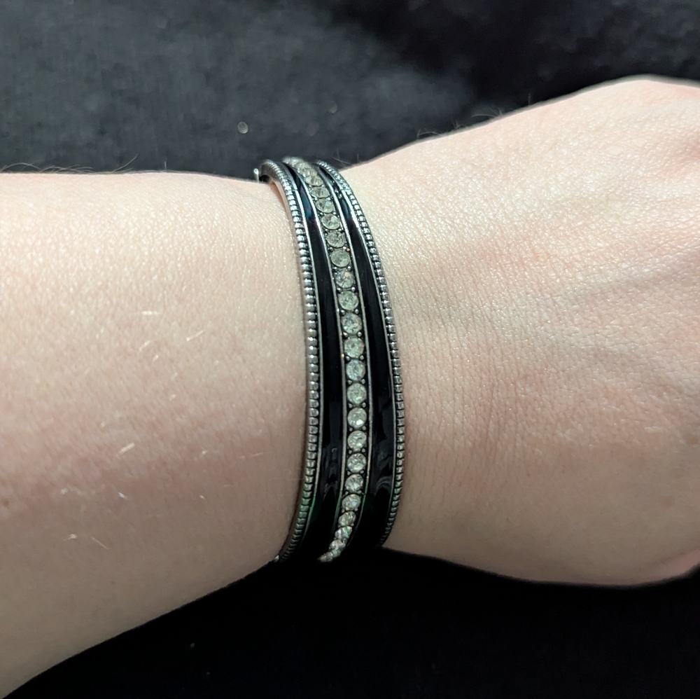 Silver Tone Black Enamel Clear Rhinestone Hinged Cuff Bangle Statement Bracelet